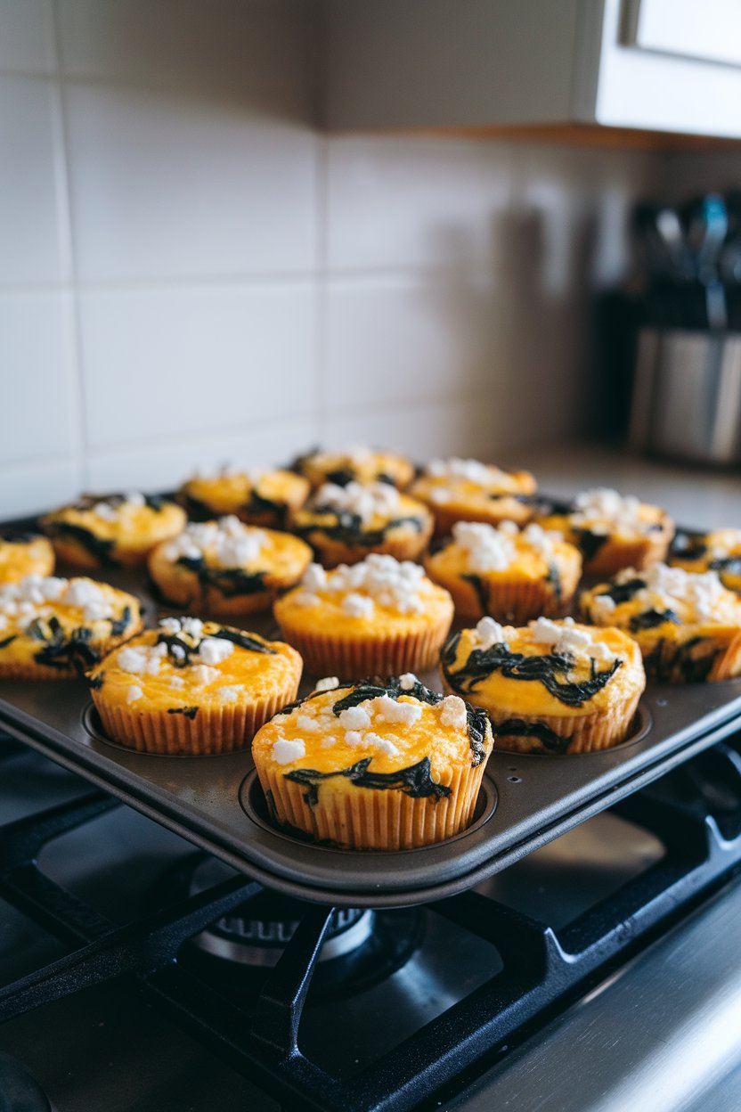 Photo of a tray of baked egg muffins with visible spinach and crumbled feta, sitting on a stovetop under indoor lighting. No text or logos on tray or background.