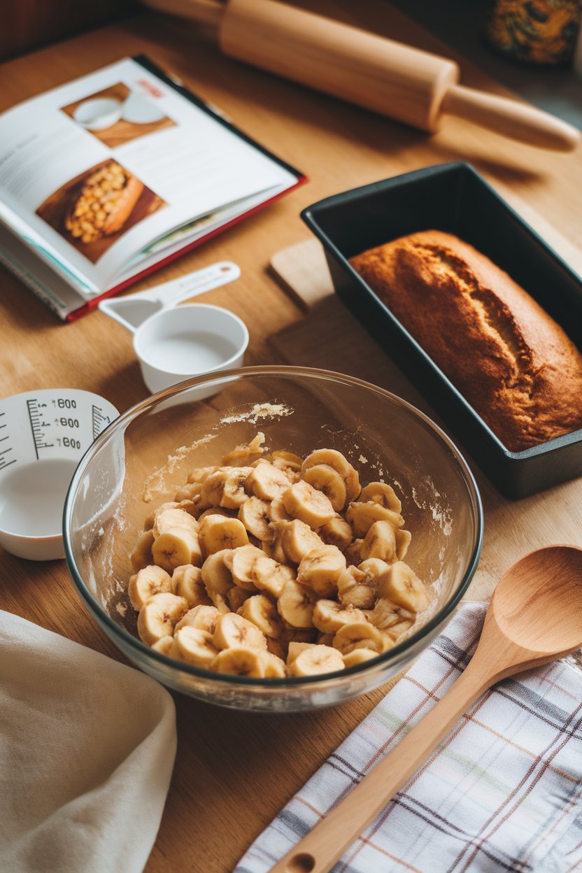 Indoor baking scene photo with a mixing bowl of mashed bananas, measuring cups, and a loaf pan ready for banana bread, no text or logos.