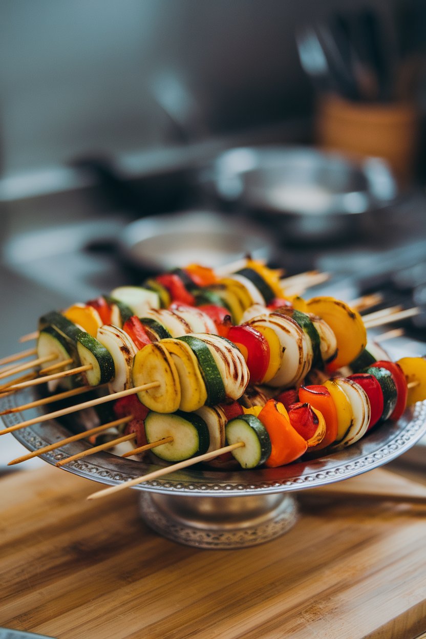 An indoor platter holding colorful cooked vegetable kebabs—zucchini, peppers, onions—showing light grill marks. No text or logos.