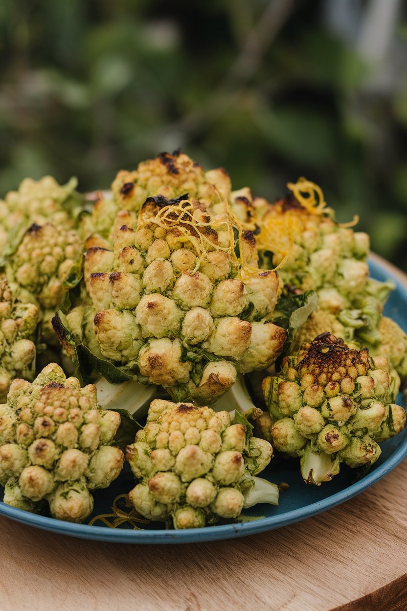Indoor platter showing chartreuse romanesco florets roasted until lightly charred, sprinkled with fresh lemon zest. No text or logos.