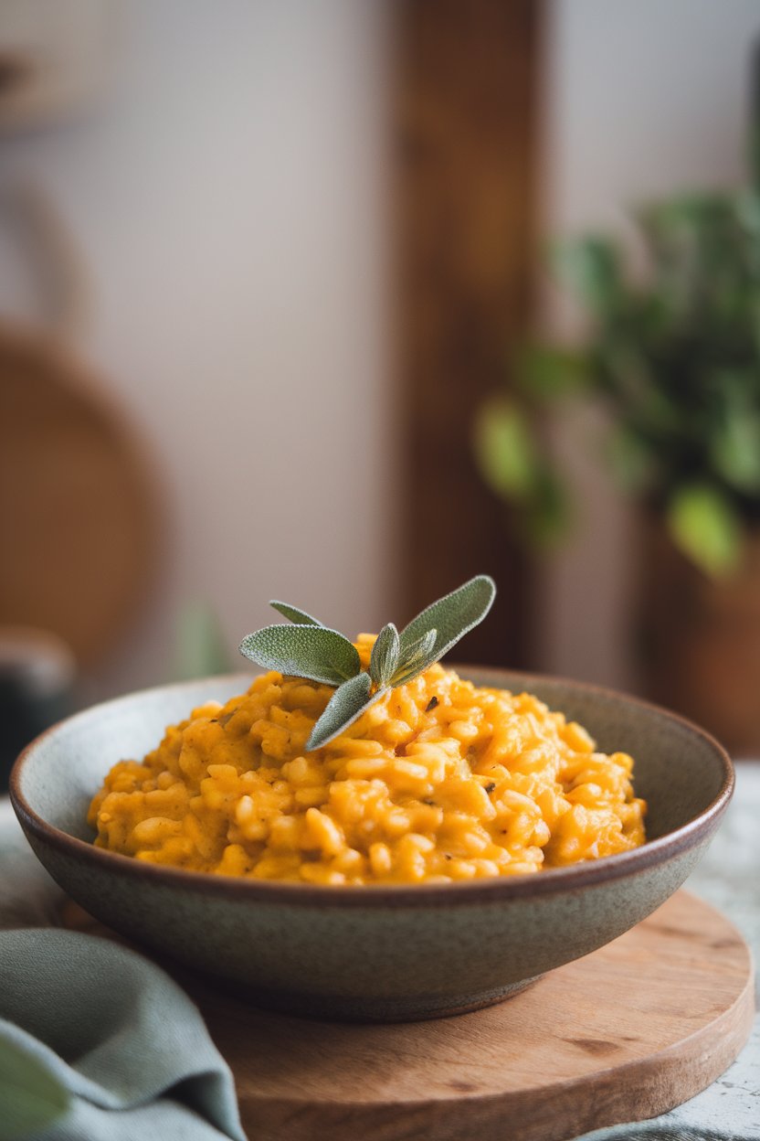 Indoor bowl of creamy pumpkin risotto made with short-grain brown rice, sage leaves on top. No text or logos.