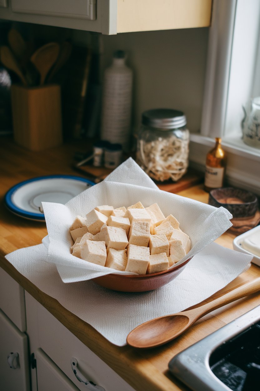 Photo of cubed extra-firm tofu draining on paper towels on an indoor countertop, overhead light, no text or logos