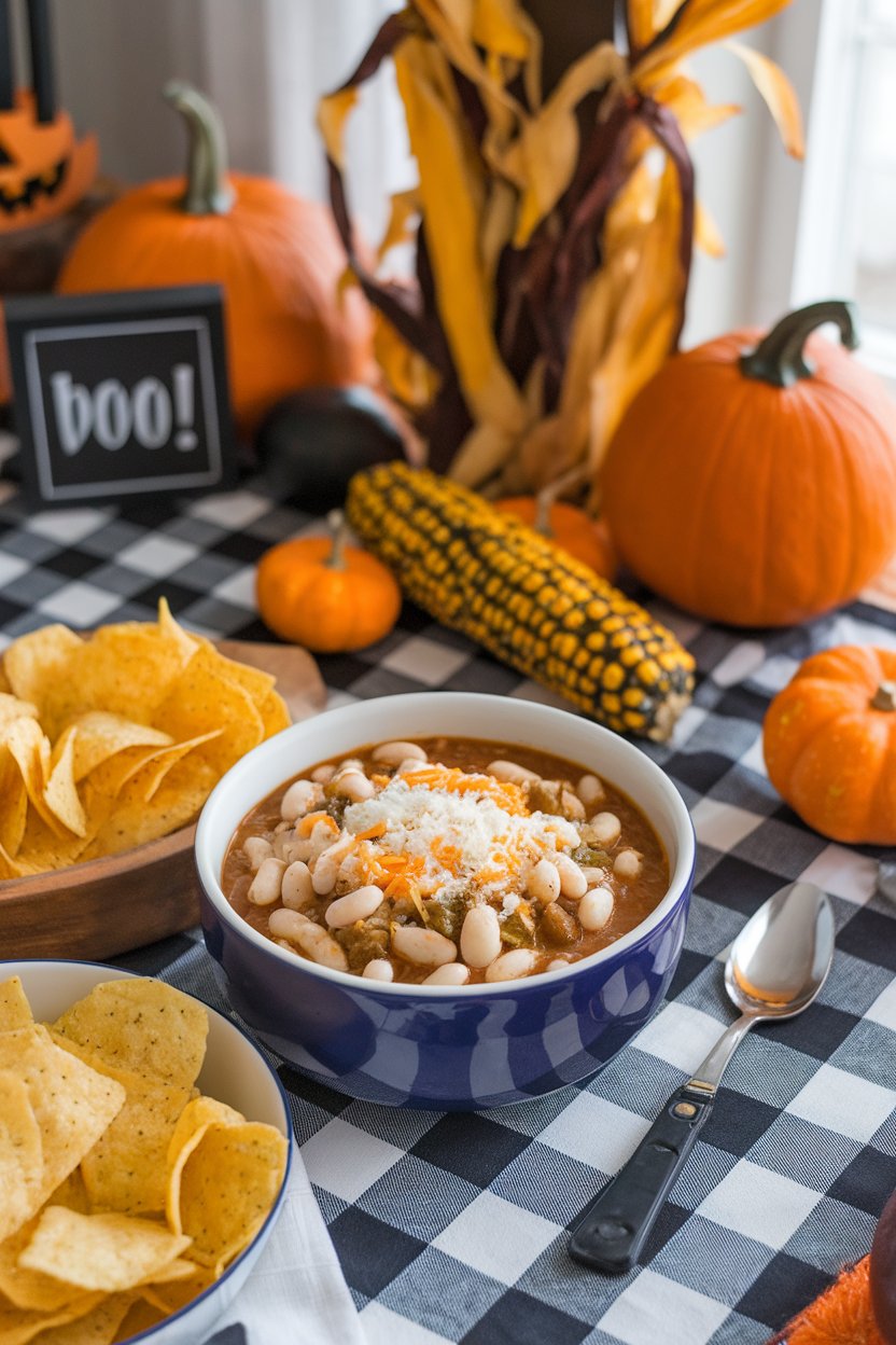 Indoor game-day table with bowl of white chicken chili, white beans and green chiles visible, topped with grated cheese. No text or logos. Photo.