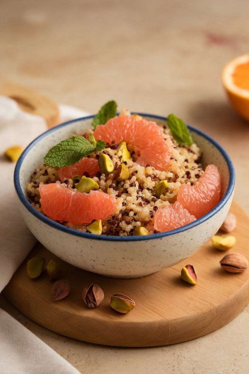 Indoor bowl of quinoa mixed with grapefruit segments, mint leaves, and pistachios—no text or logos.