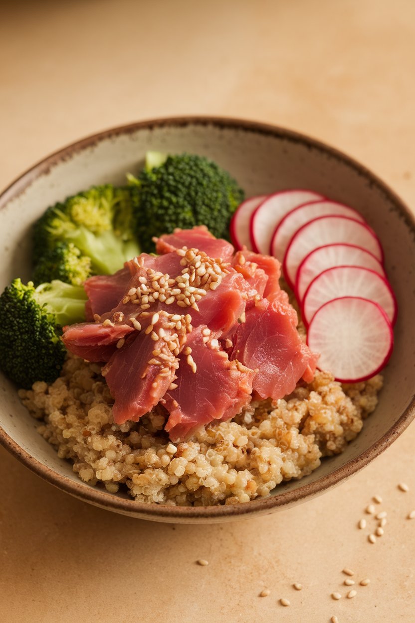 Warm indoor photo of a shallow bowl holding cooked quinoa topped with tuna, steamed broccoli, and sliced radishes; garnished with sesame seeds, no logos.