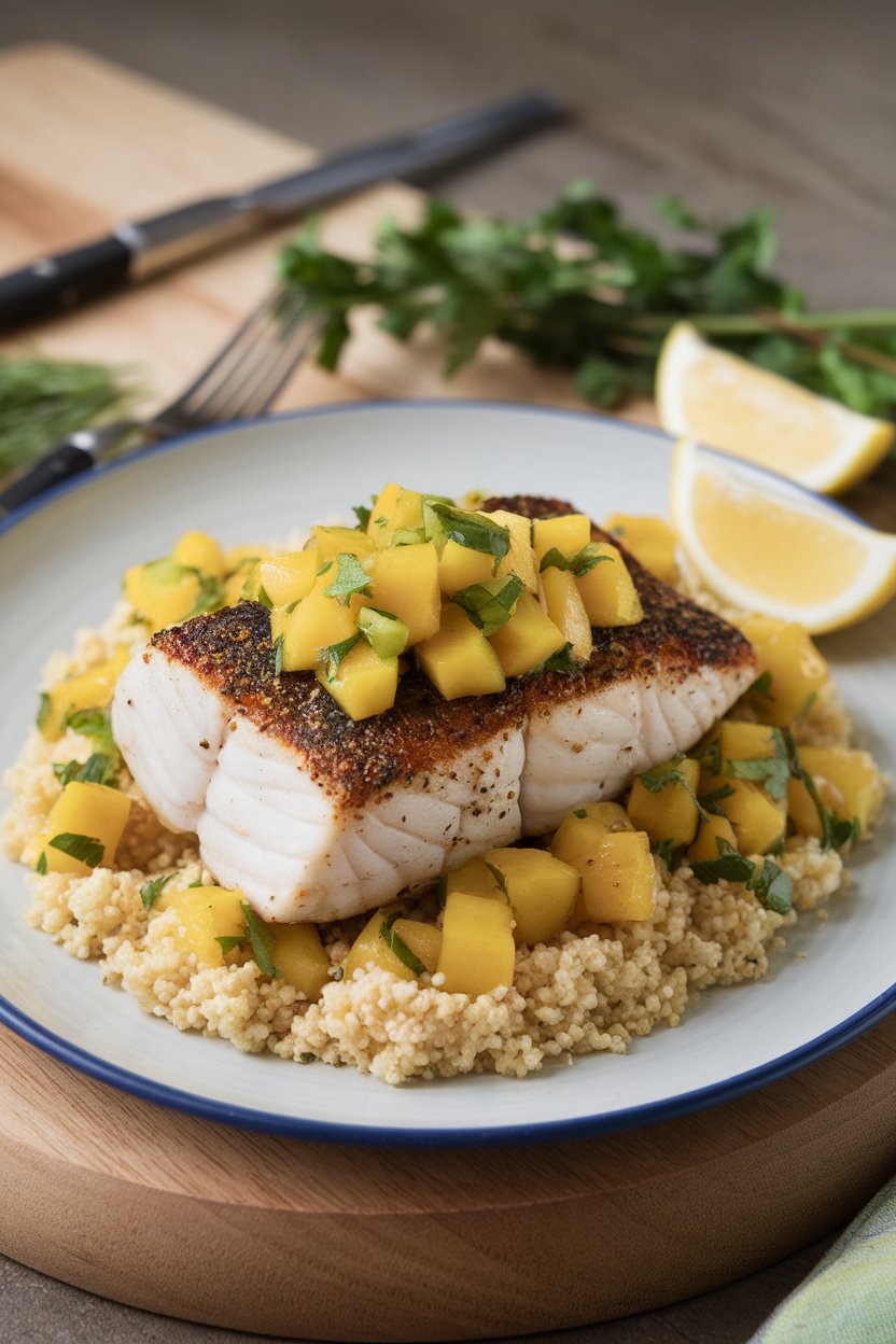 An indoor plate featuring a seared cod fillet coated in blackened spices, topped with fresh mango salsa; no text or logos.