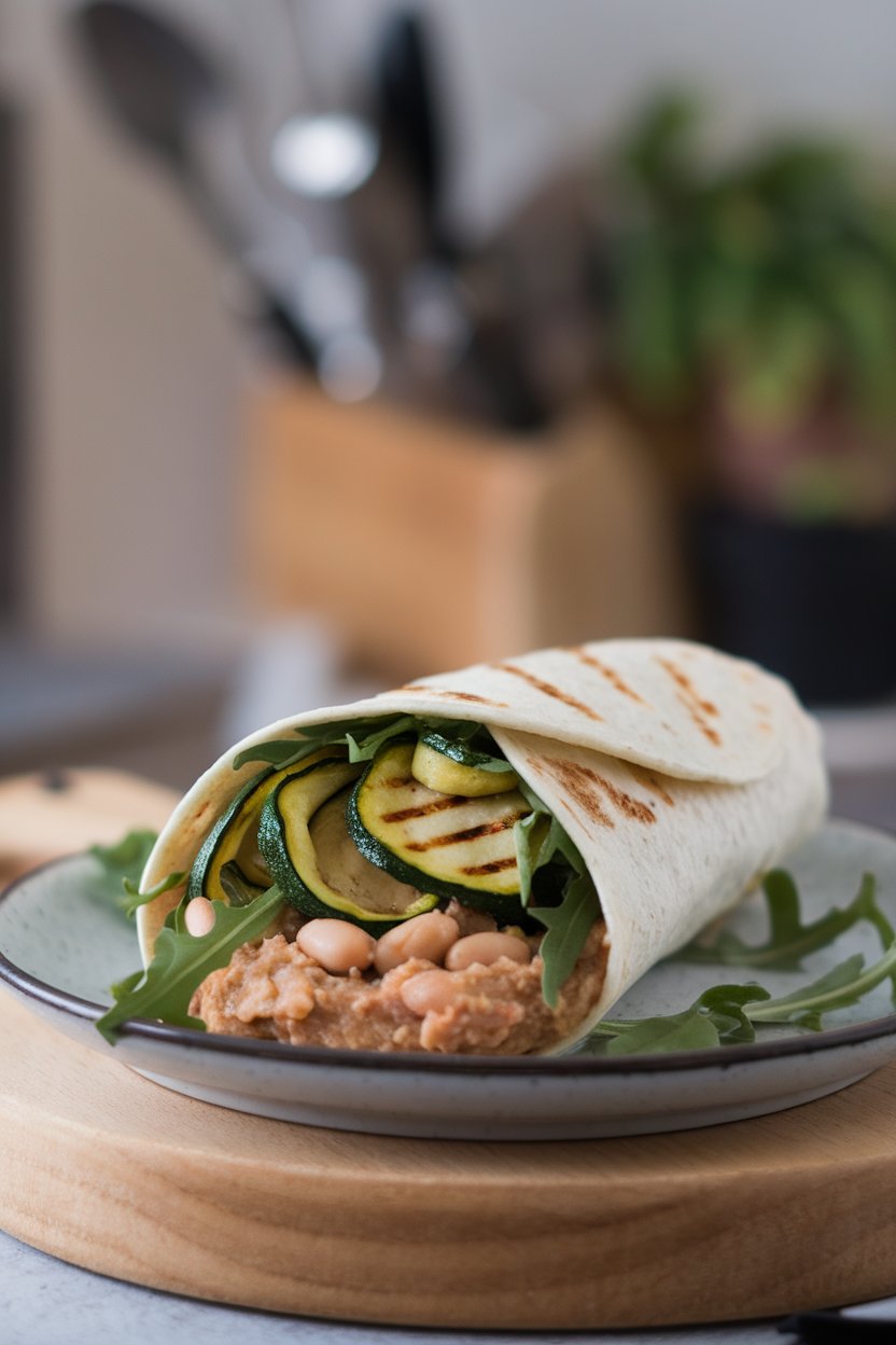 Indoor plate showing a wrap filled with grilled zucchini ribbons, mashed white beans, and arugula. No logos or text.