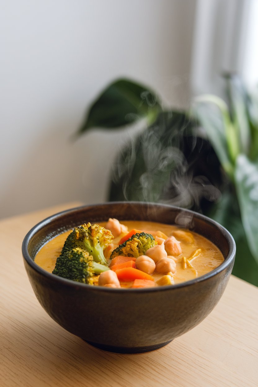 An indoor soup bowl filled with golden coconut curry broth, broccoli florets, carrots, and chickpeas, steam rising. No text or logos present. Photo only.