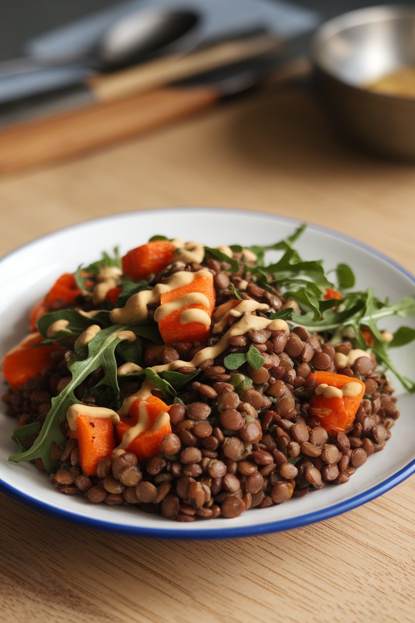 Photo, indoors, plate of warm French lentils mixed with roasted carrot chunks and arugula, drizzle of mustard vinaigrette visible. No text or logos.
