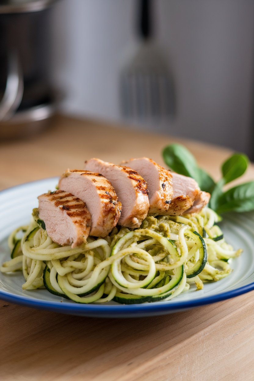 Indoor plate showing spiralized zucchini noodles tossed in pesto, topped with sliced grilled chicken breast. No logos or text.