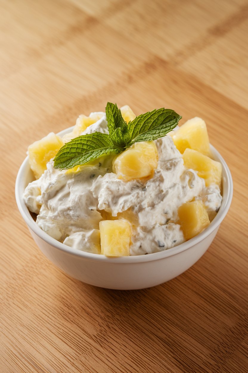 An indoor breakfast table displaying a white bowl with creamy cottage cheese, pineapple chunks, and a mint sprig on top; clean background, no text or logos; photo