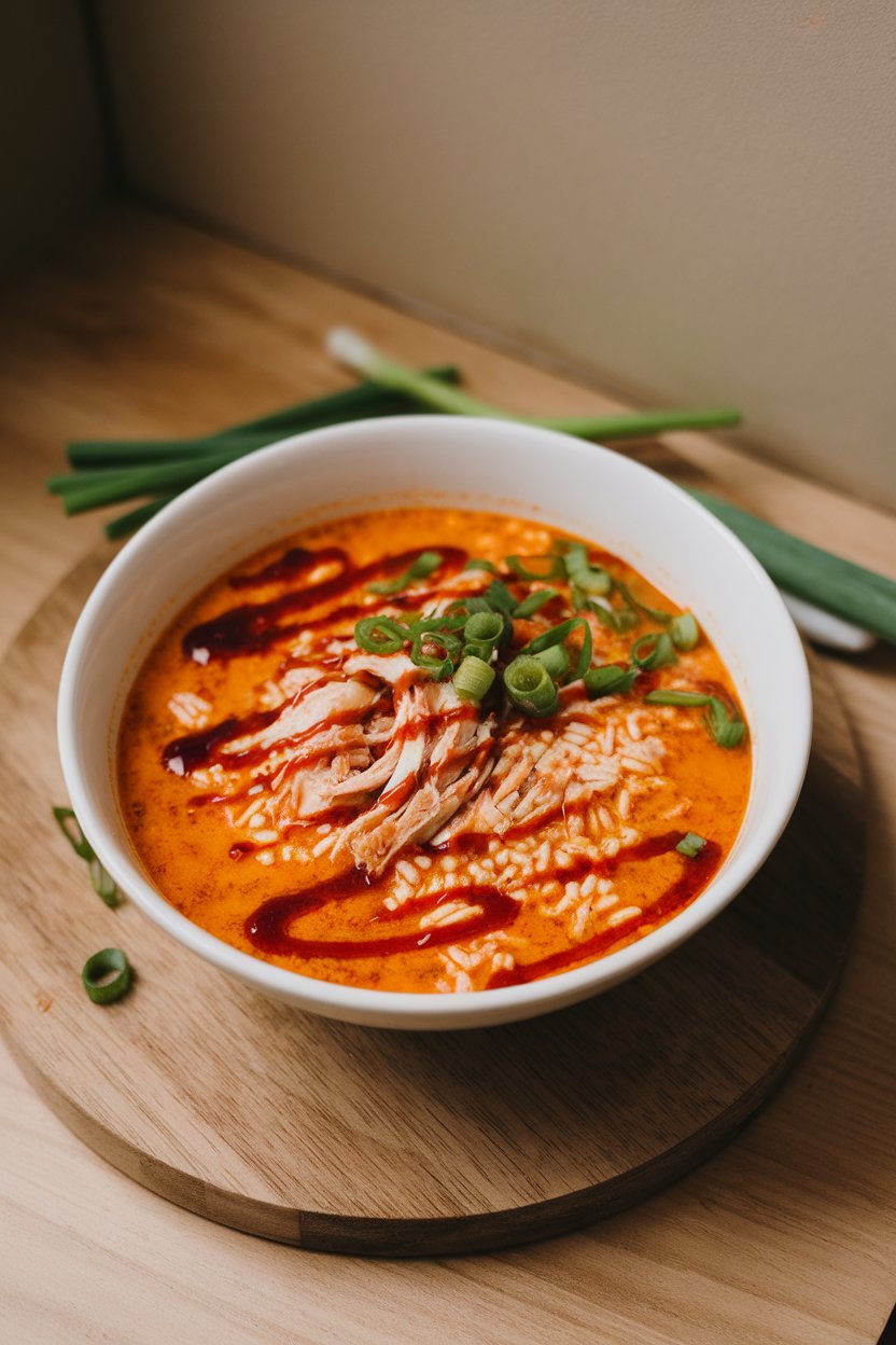 Indoor photo of spicy orange-red broth with shredded chicken, brown rice, and sriracha drizzle on top; no text or logos