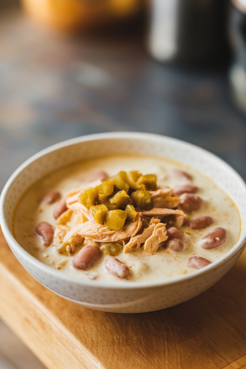 Indoor photo of creamy white chili with shredded chicken and beans topped with diced green chilies, no text or logos