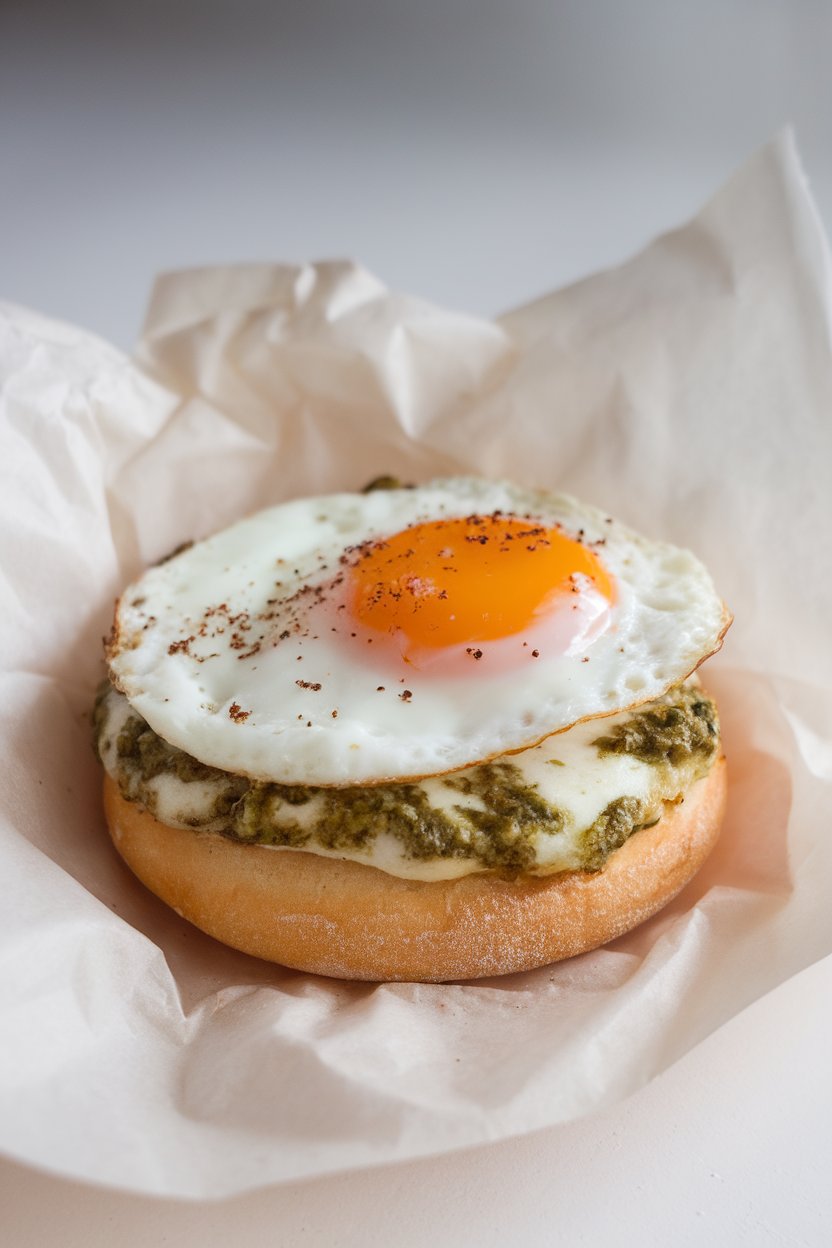 Indoor photo of an English muffin filled with melted mozzarella, basil pesto, and a runny fried egg, wrapped in parchment, no text or logos