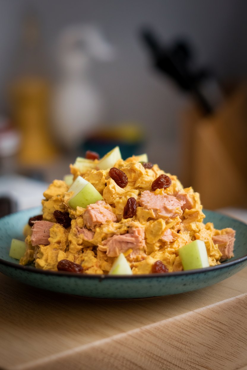 Plate of golden curried tuna salad dotted with apple cubes and raisins; indoor shot, no logos.