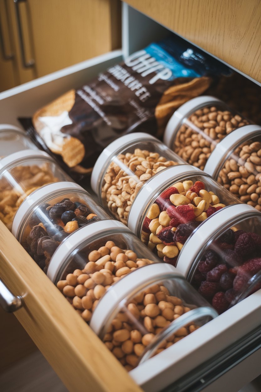 An indoor pantry drawer showing a row of unsalted mixed nuts and dried fruit in clear jars, contrasted by one lone crinkly chip bag in the back. No text or logos visible.