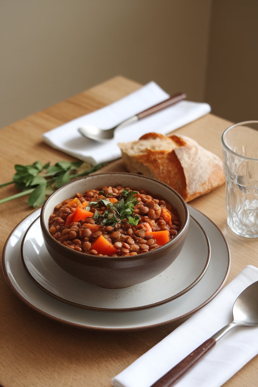 An indoor dining table set with a bowl of lentil and vegetable stew, no text or logos, photo only