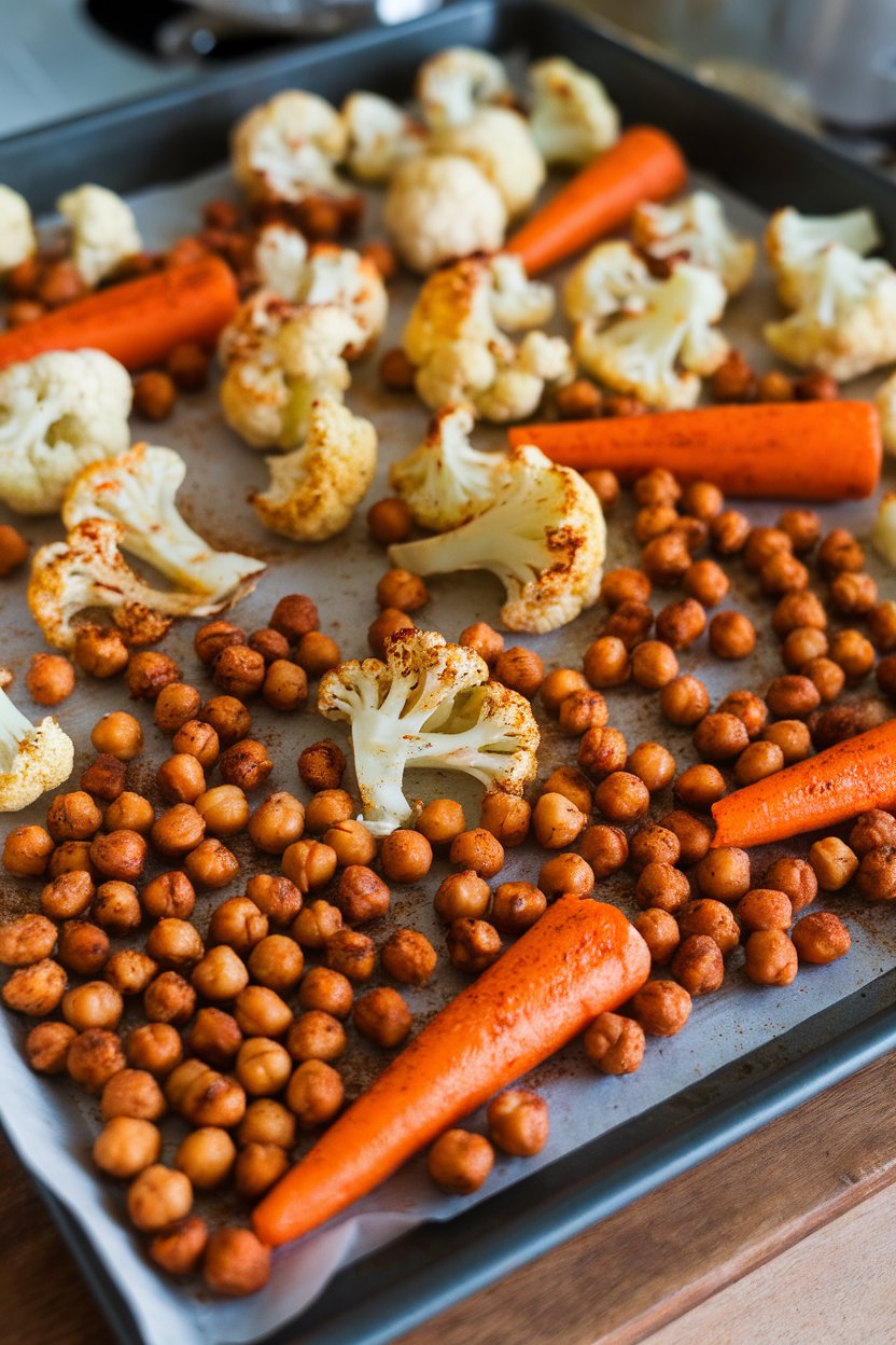 Indoor sheet pan holding roasted chickpeas, cauliflower florets, and carrots dusted with paprika. No text or logos present.