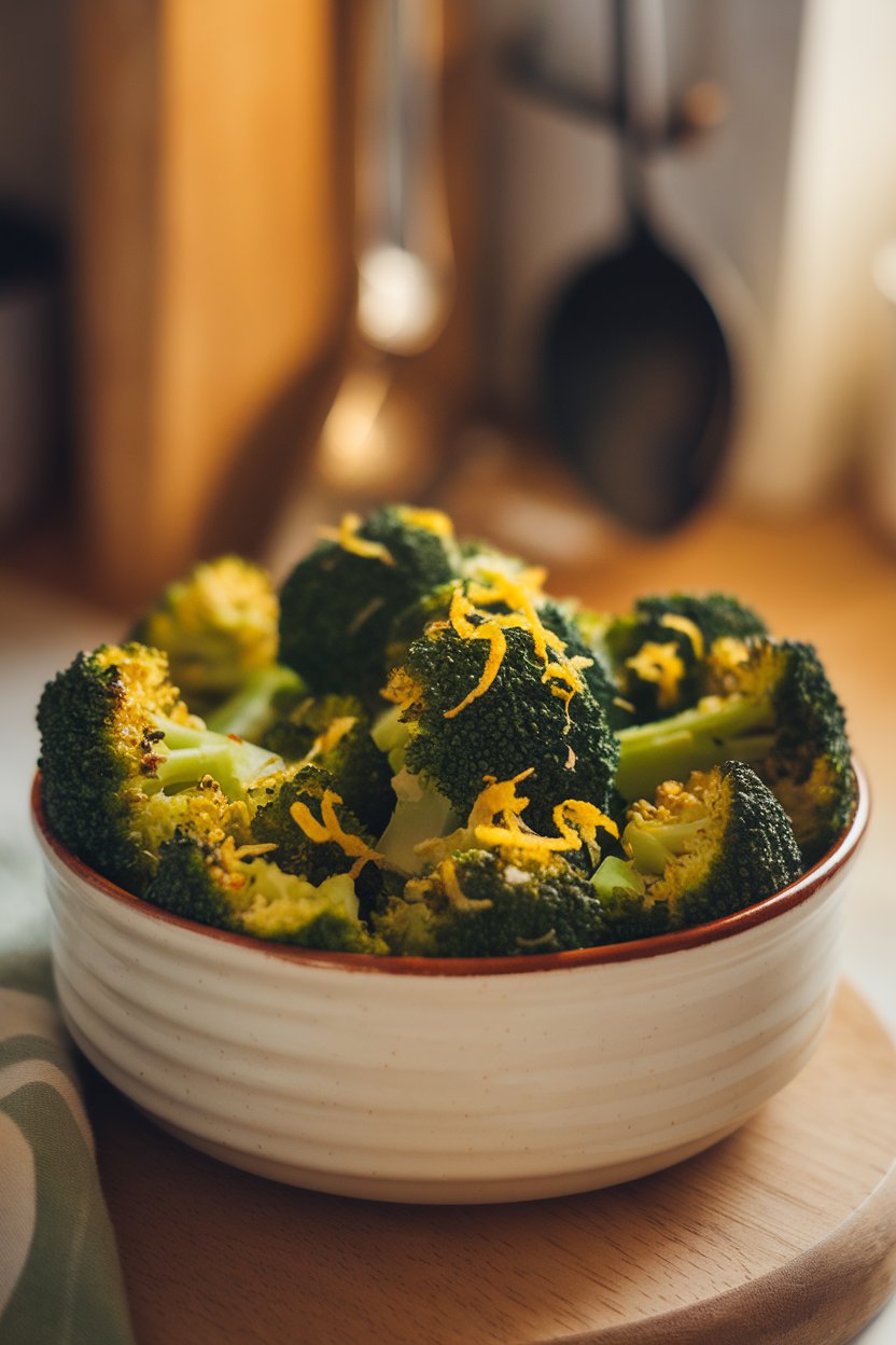 Indoor photo of a white ceramic bowl piled with roasted broccoli florets dusted with minced garlic and lemon zest, shot under warm kitchen lighting. No text or logos visible; photograph, not illustration.