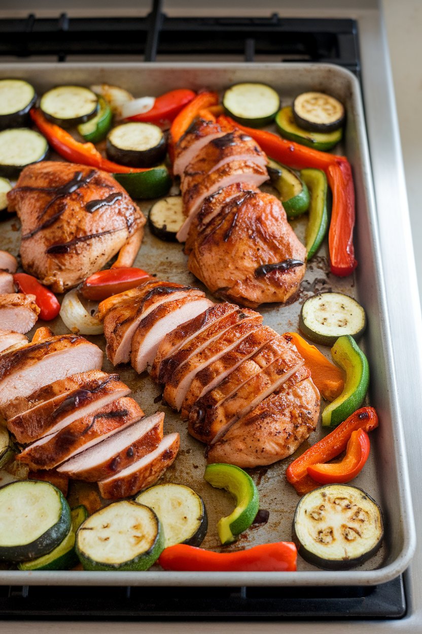 Indoor photo of a sheet pan holding sliced balsamic-glazed chicken breasts, roasted zucchini, bell peppers, and onion, on a stovetop. No text or logos.