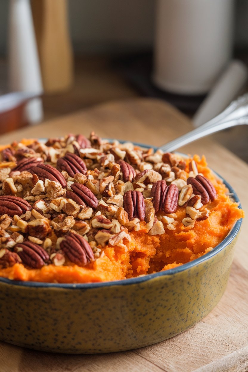 Indoor casserole dish featuring mashed sweet potatoes topped with golden pecan streusel, a serving spoon tucked inside. No text or logos. Photo only.
