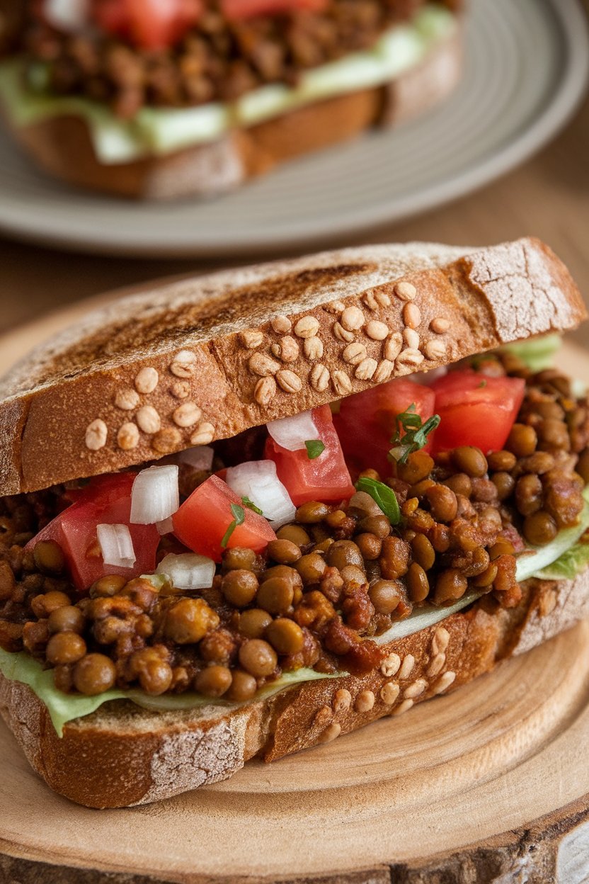A close-up indoor photo of a toasted whole-grain bun overflowing with saucy brown lentils, diced tomatoes, and onions. Background shows a second assembled sandwich on a neutral plate, no text or logos.