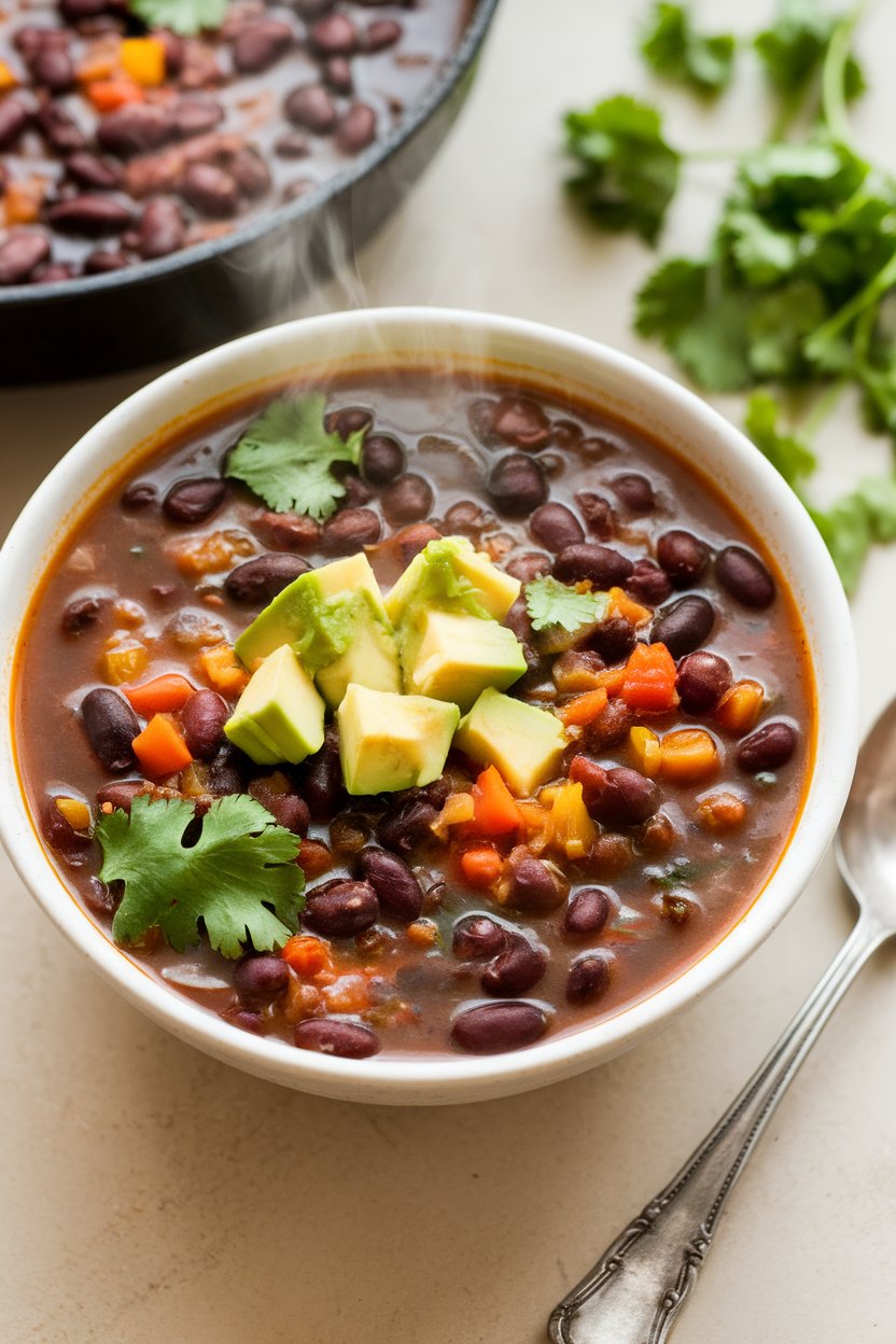 Indoor soup bowl filled with steaming black bean soup garnished with diced avocado and cilantro; spoon alongside; photo, no text or logos.