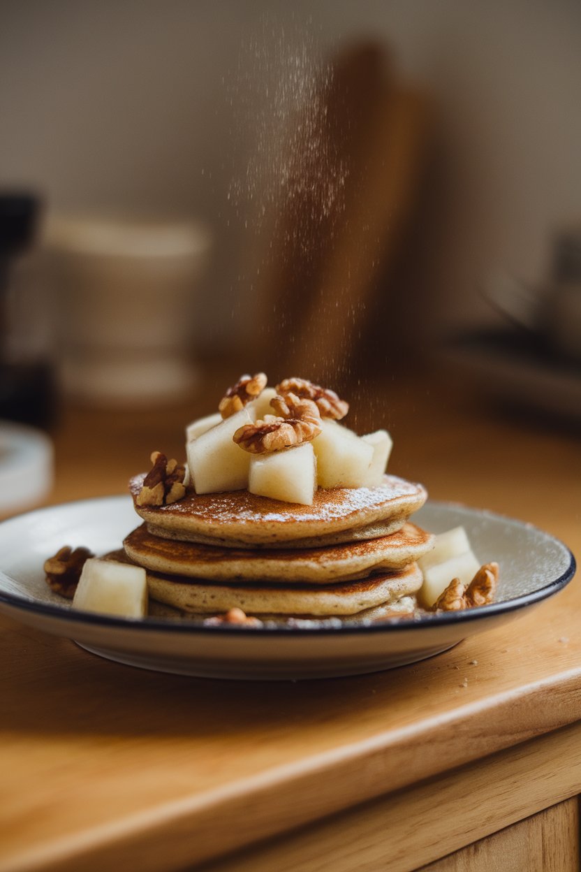 Soft indoor lighting on spelt pancakes dotted with pear cubes and toasted walnut pieces, no logos.