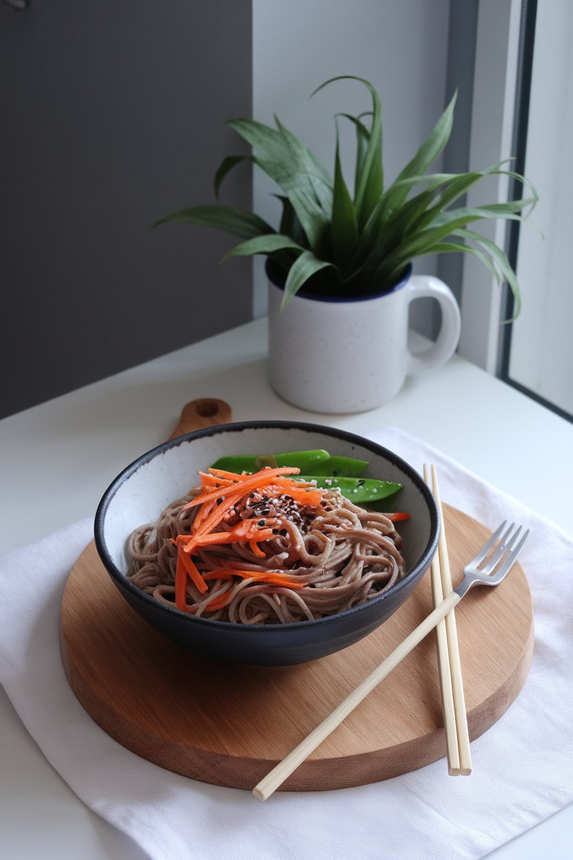 An indoor desk setup showcasing a bowl of buckwheat soba noodles tossed with shredded carrots, snow peas, and sesame seeds. No text or logos visible. Photo only.