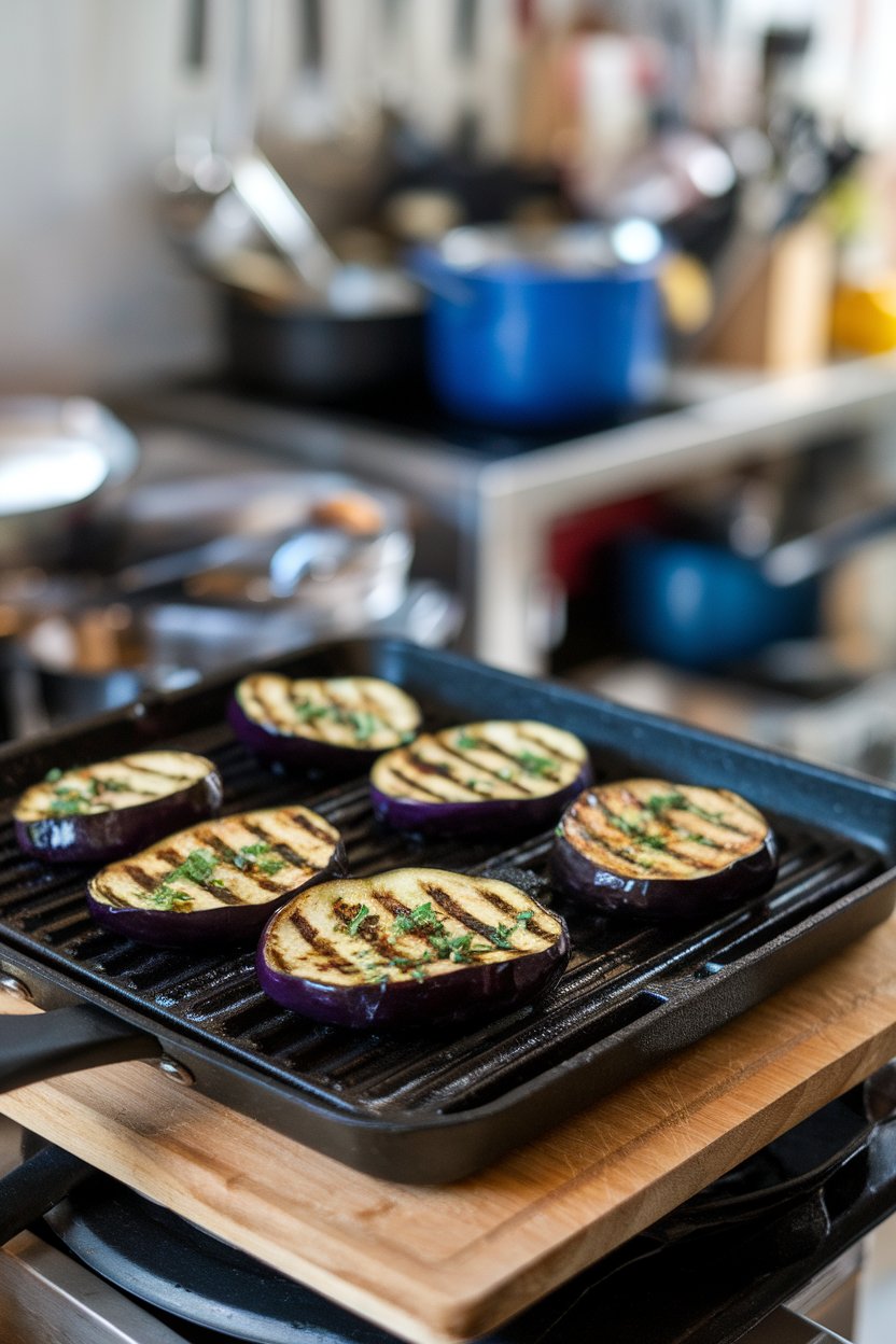 Indoor grill pan with eggplant rounds showing grill marks and sprinkled with herbs—no text or logos.