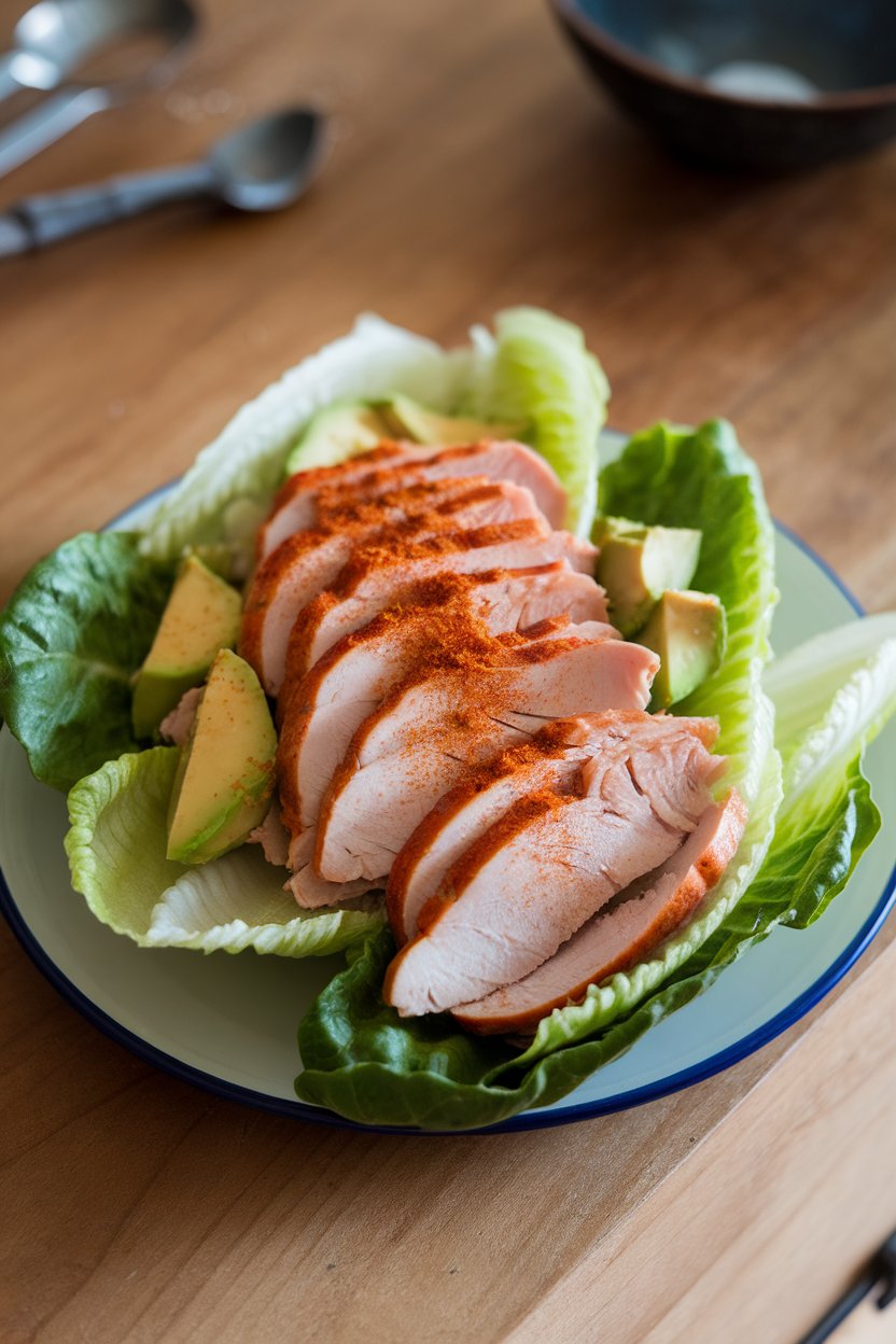 Indoor plate featuring crisp romaine leaves filled with sliced turkey breast, avocado chunks, and a sprinkle of paprika. No text or logos; photo.