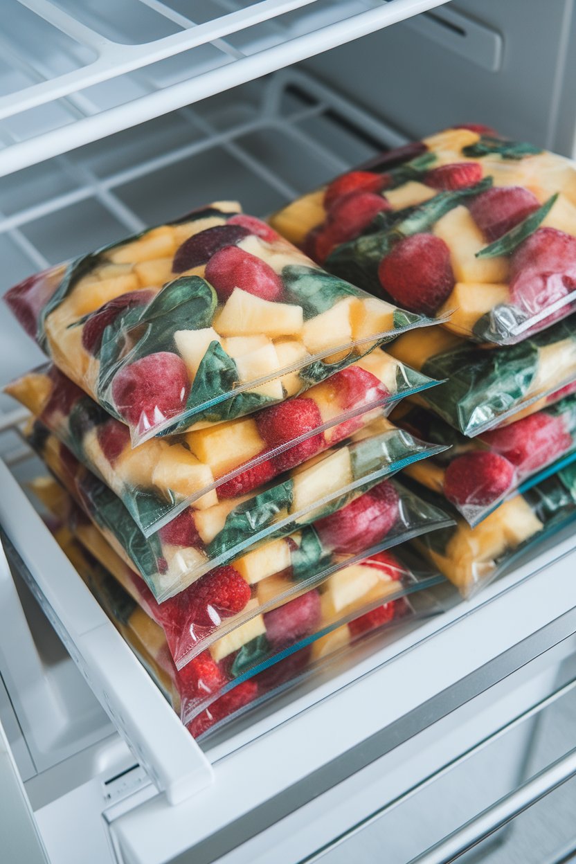 Indoor photo of zip-top bags filled with pre-portioned frozen fruit and spinach, stacked neatly in a freezer drawer; no text or logos.
