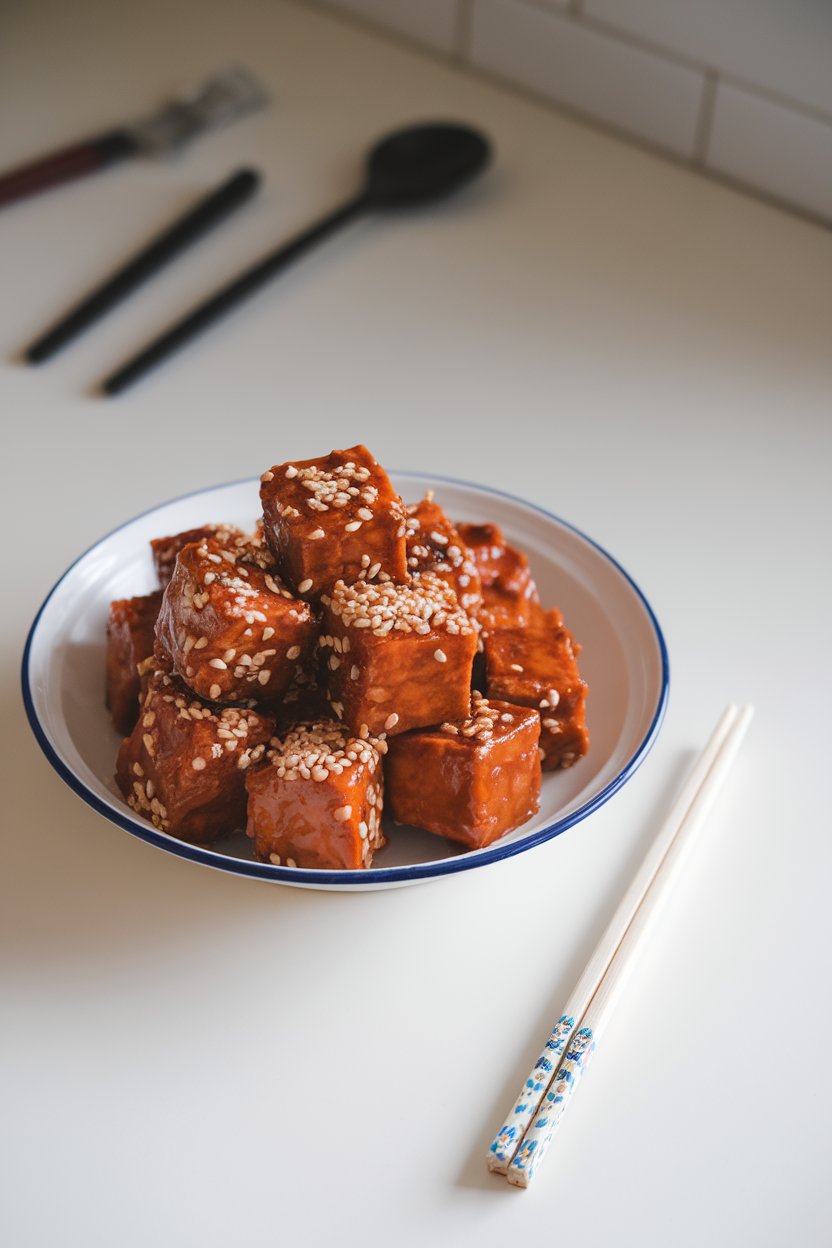 Indoor serving dish with glazed tempeh cubes topped with sesame seeds, chopsticks resting nearby. No logos or text.