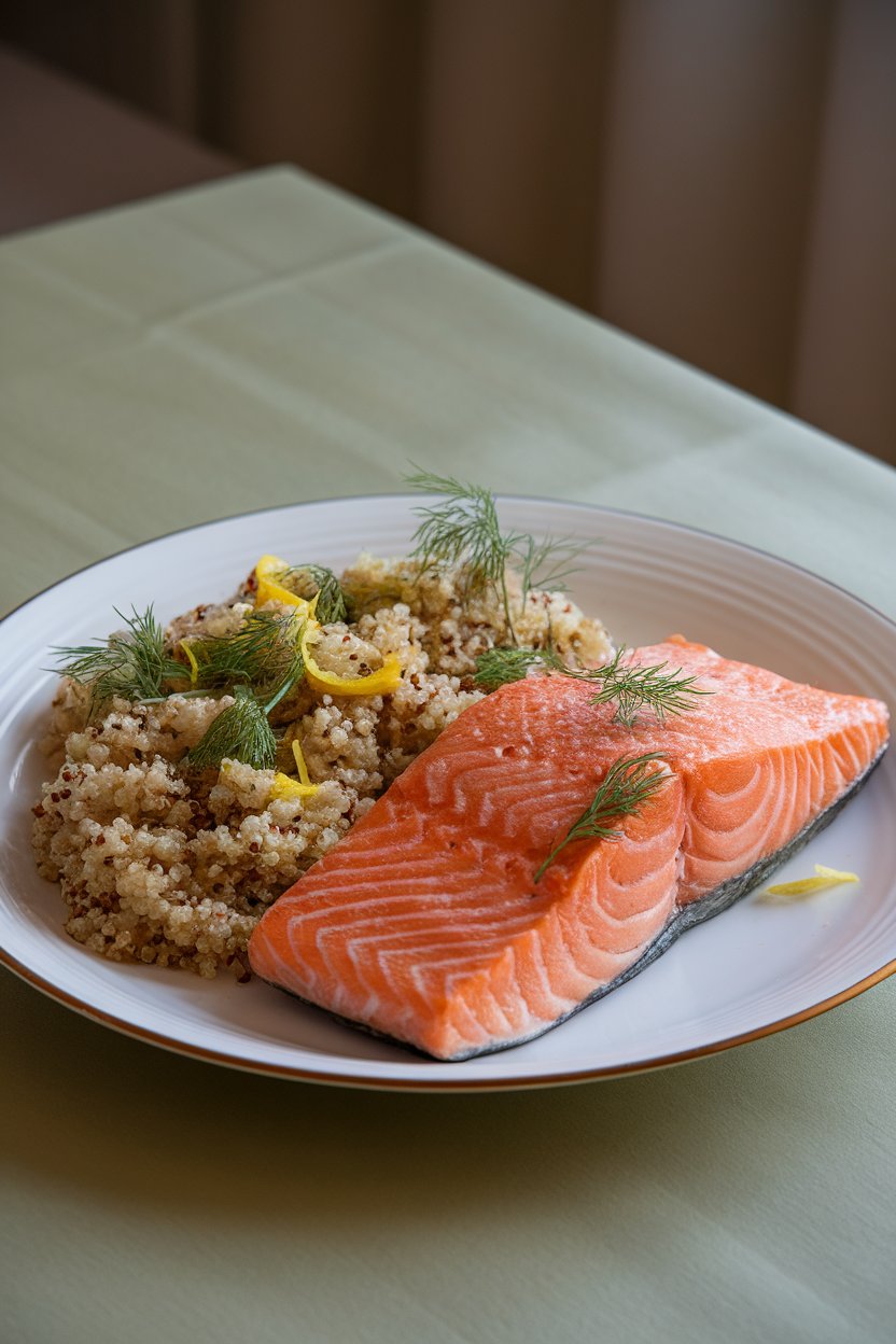 A white plate on a dining table showing a cooked salmon fillet with a golden surface beside fluffy quinoa flecked with fresh dill and lemon zest; soft indoor lighting; no text or logos; photo.