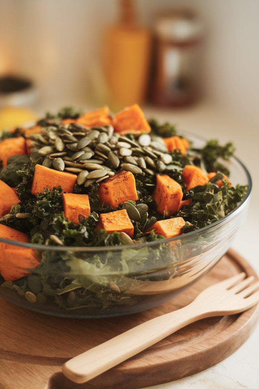 Indoor photo of a salad bowl brimming with roasted sweet potato cubes, shredded kale, and pumpkin seeds; warm indoor lighting, no text or logos