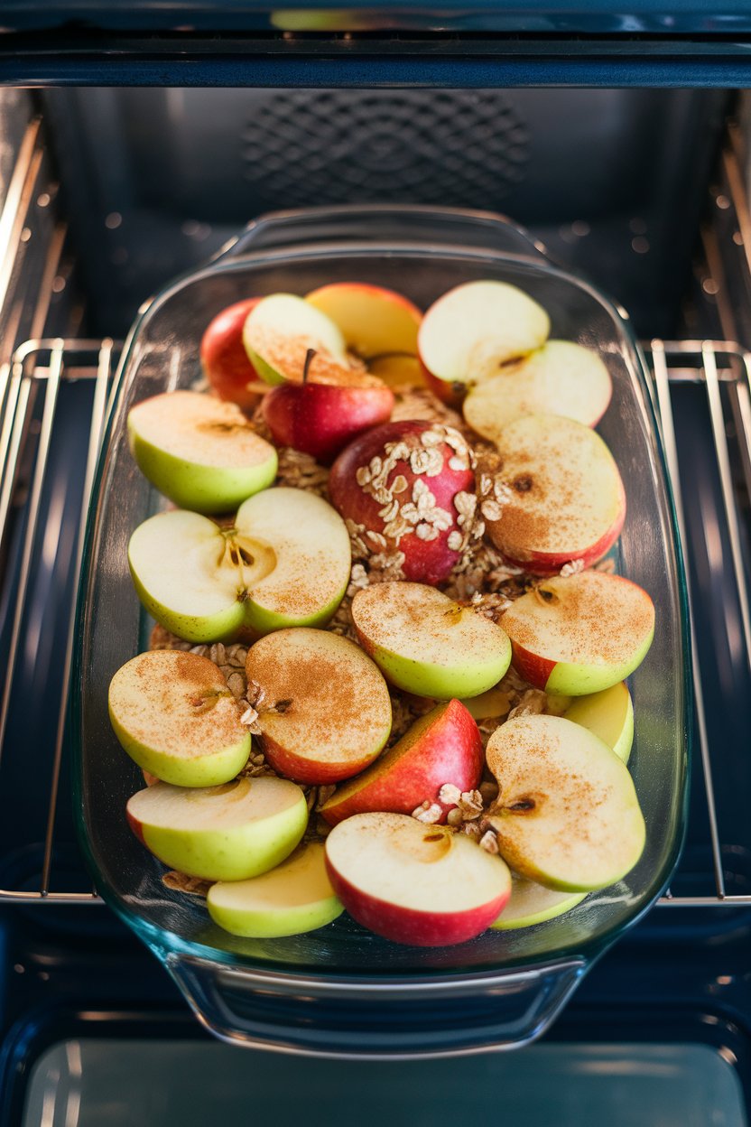 Indoor oven rack view of halved apples sprinkled with cinnamon and oats in a glass baking dish. No text or logos.