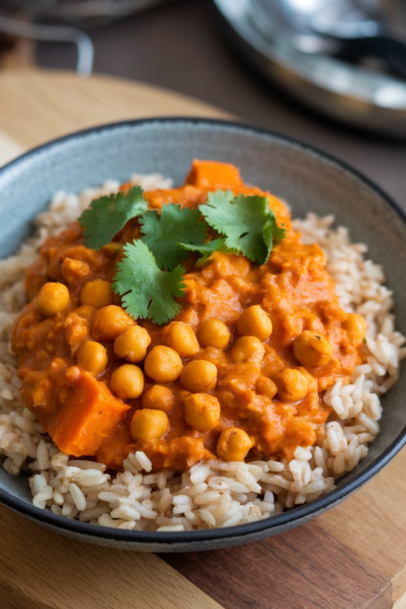 Indoor photo of a bowl of orange sweet potato and chickpea curry garnished with cilantro, served over brown rice; no text or logos.