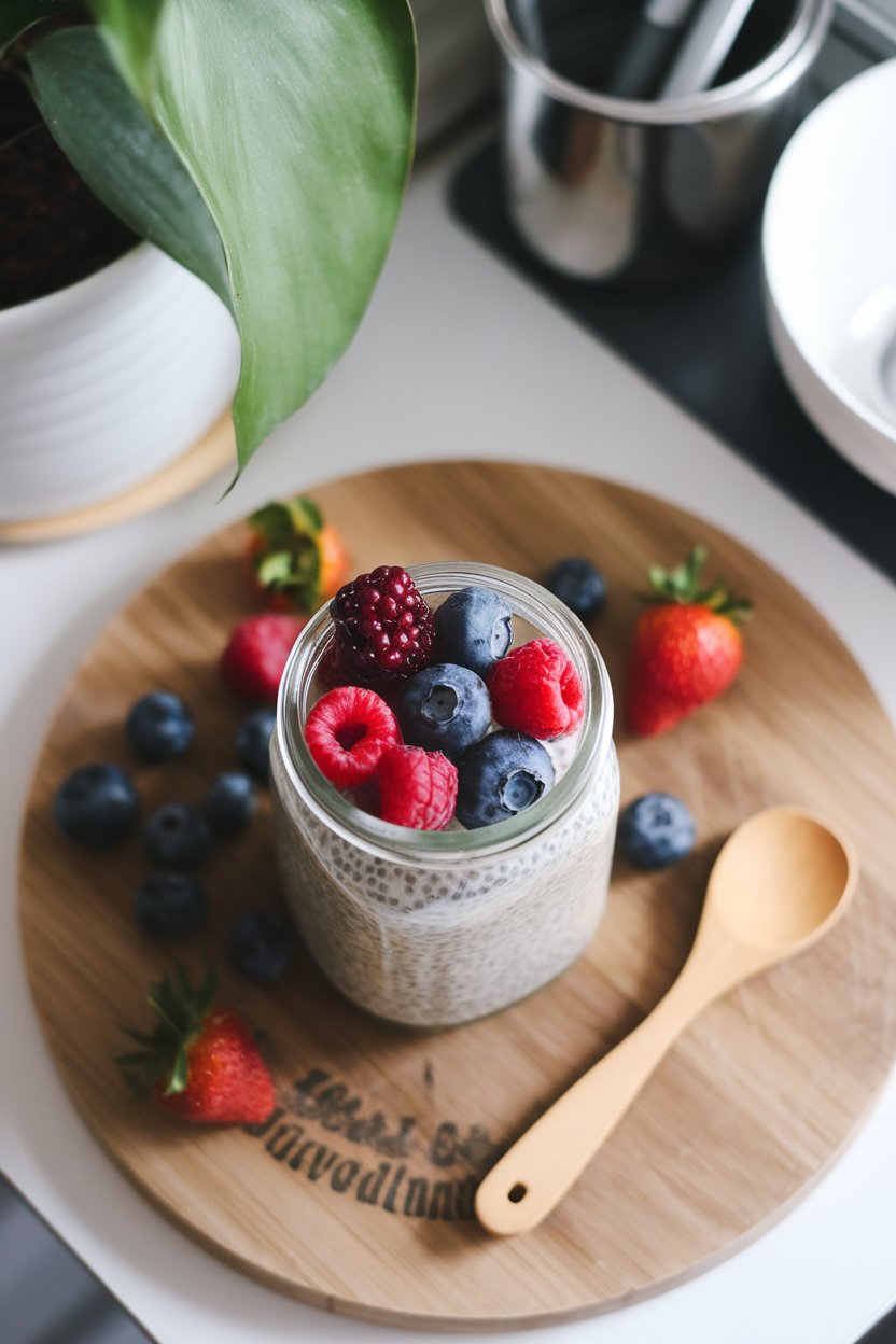 An indoor breakfast nook featuring a glass jar layered with chia pudding and mixed berries, overhead angle, photo only, no text or logos.