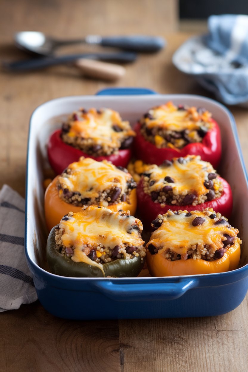 A casserole dish on an indoor table featuring bell peppers stuffed with quinoa, black beans, and corn, cheese just melted on top. No text or logos. Photo, not illustration.
