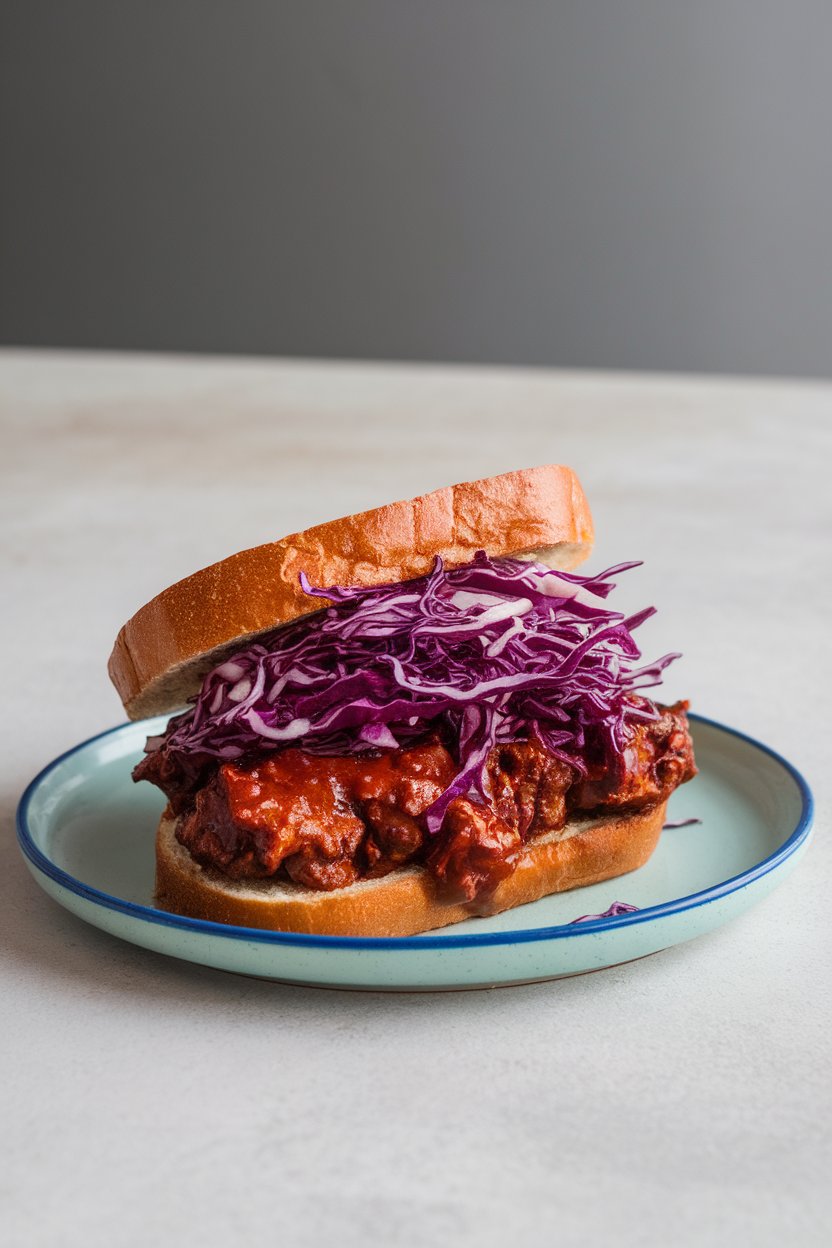 Indoor plate featuring a saucy BBQ jackfruit sandwich on a toasted bun, purple cabbage slaw beside it. Photo only, no text or logos.
