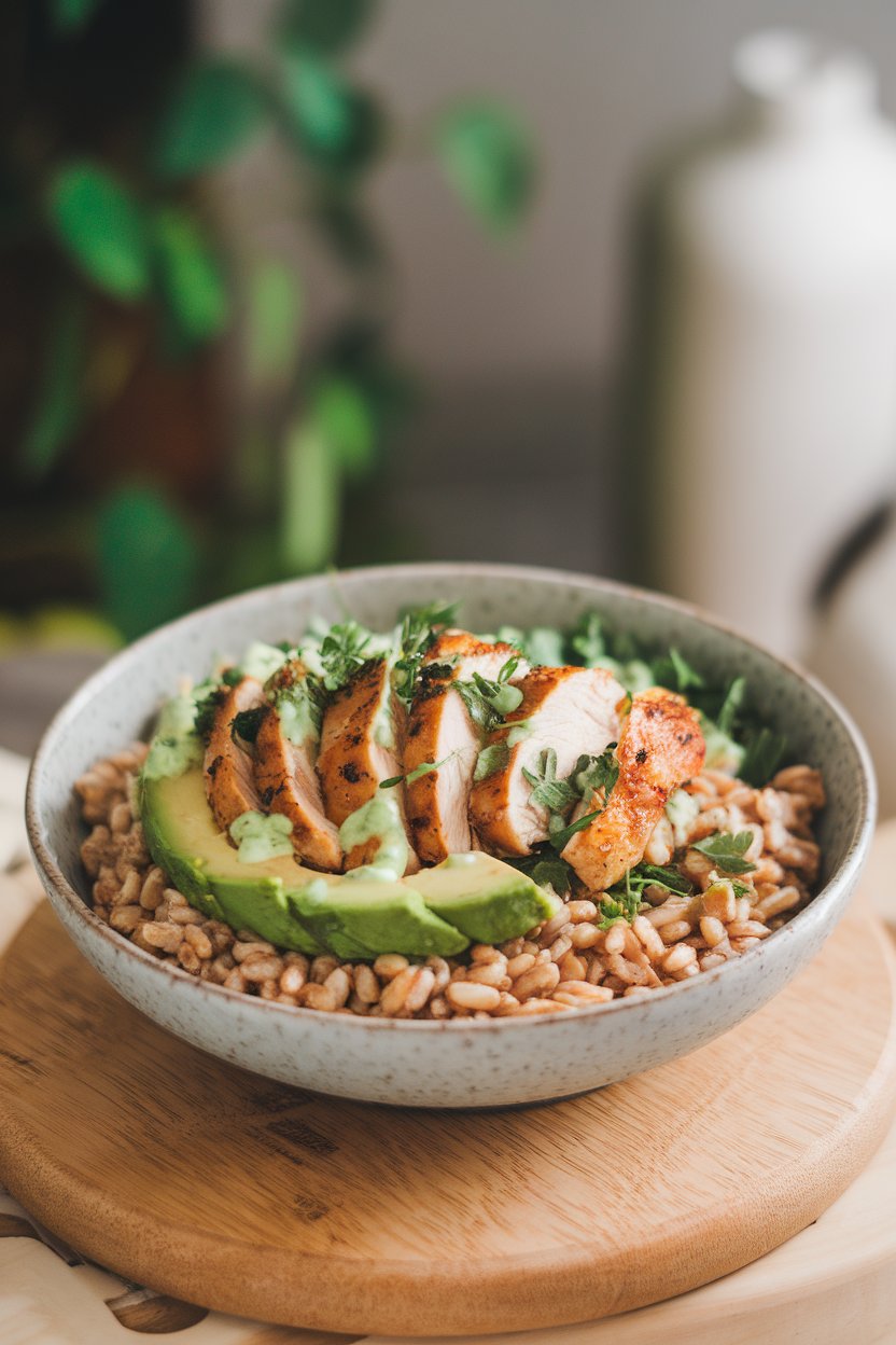Photo of a bowl of farro topped with sliced grilled chicken, avocado, herbs, and green goddess dressing indoors; no text or logos on dishware.