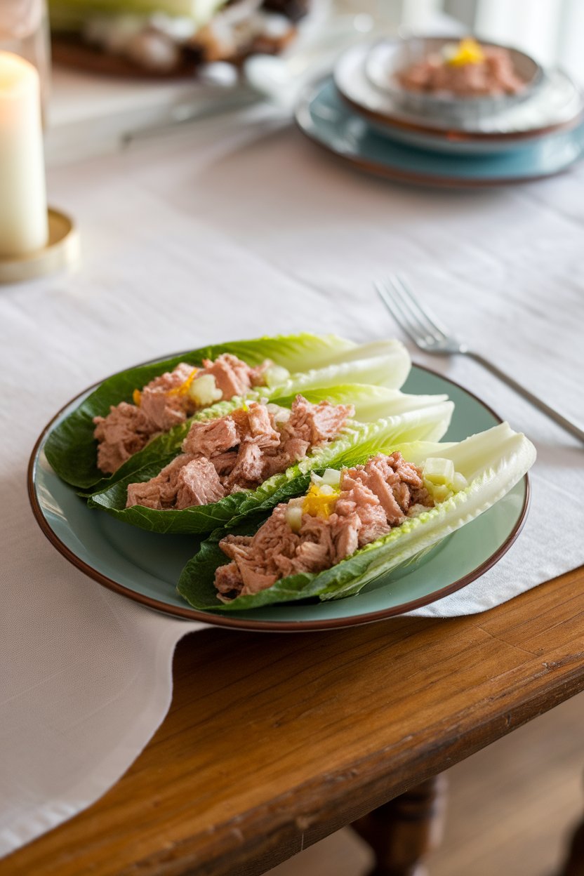 A plate on an indoor dining table holding romaine leaves stuffed with flaked tuna, diced celery, and lemon zest. No text or logos. Photo, not illustration.