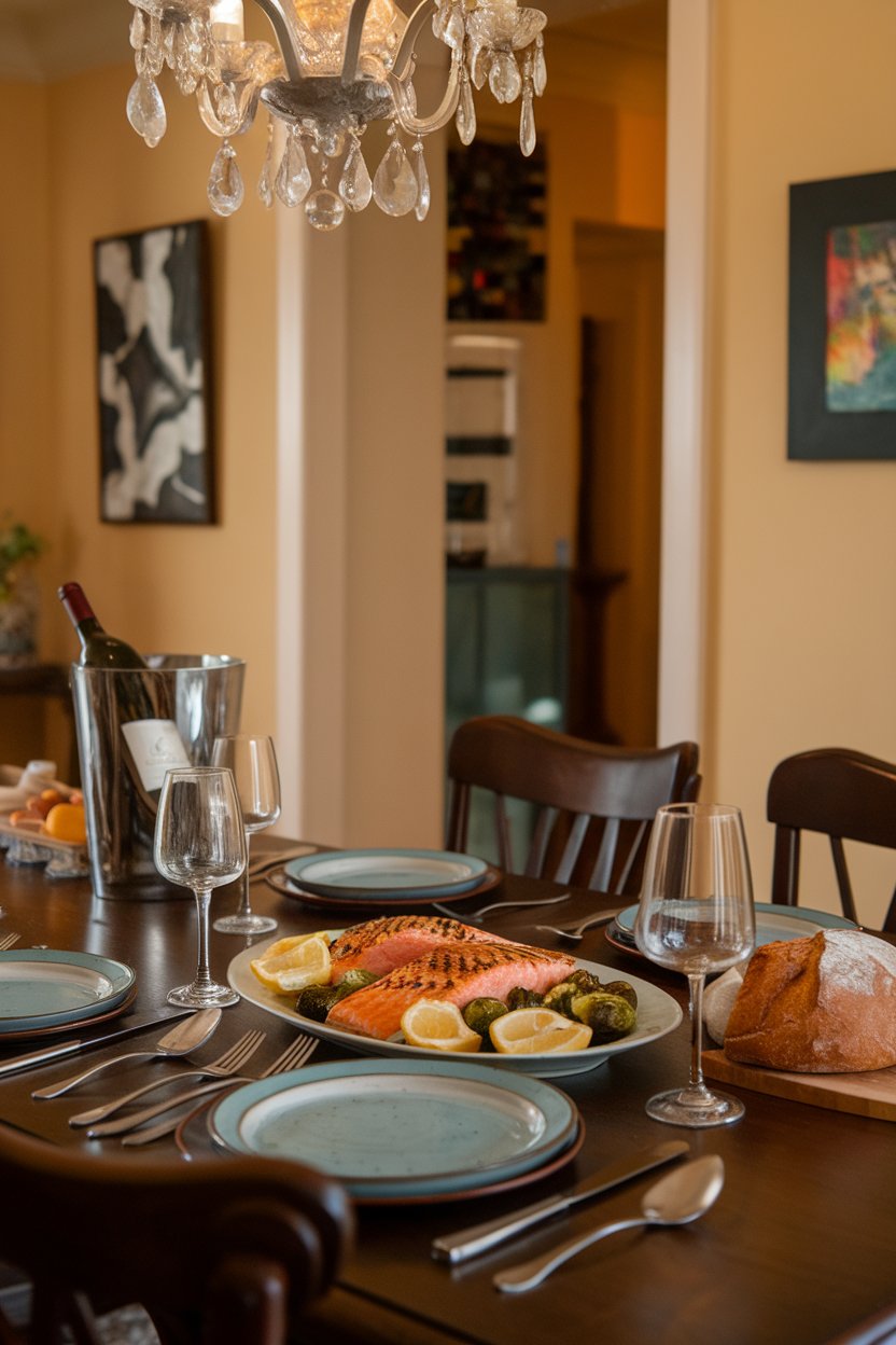 Photo of an indoor family dinner table featuring grilled salmon fillets, roasted Brussels sprouts, and lemon wedges; warm chandelier light; no logos or text.