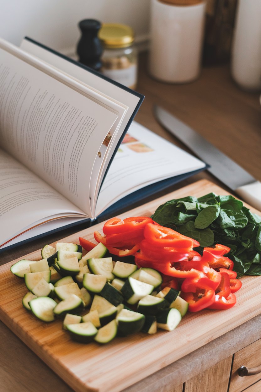 An indoor cutting board overflowing with chopped zucchini, peppers, and spinach next to an open recipe book. No text or logos on book pages.