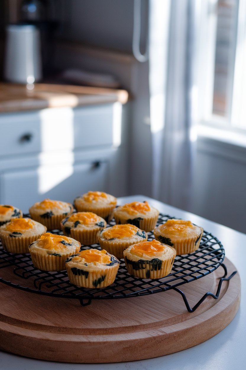 Indoor cooling rack with several mini egg muffins dotted with spinach and bell pepper; soft morning light; photo, no text or logos.