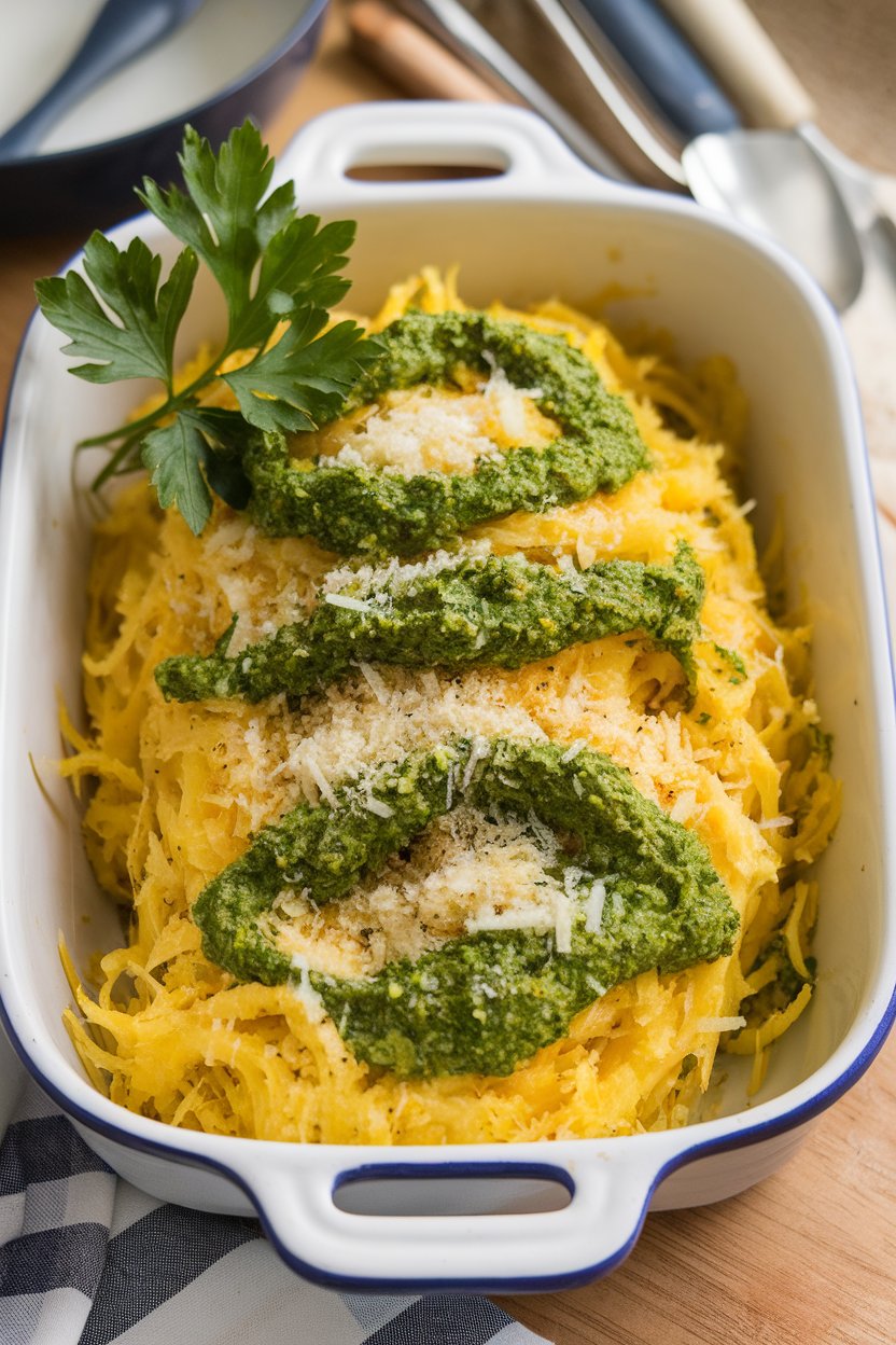 A photo of a white casserole dish indoors containing roasted spaghetti squash strands tossed in vibrant green parsley pesto, sprinkled with grated Parmesan. No logos or text.