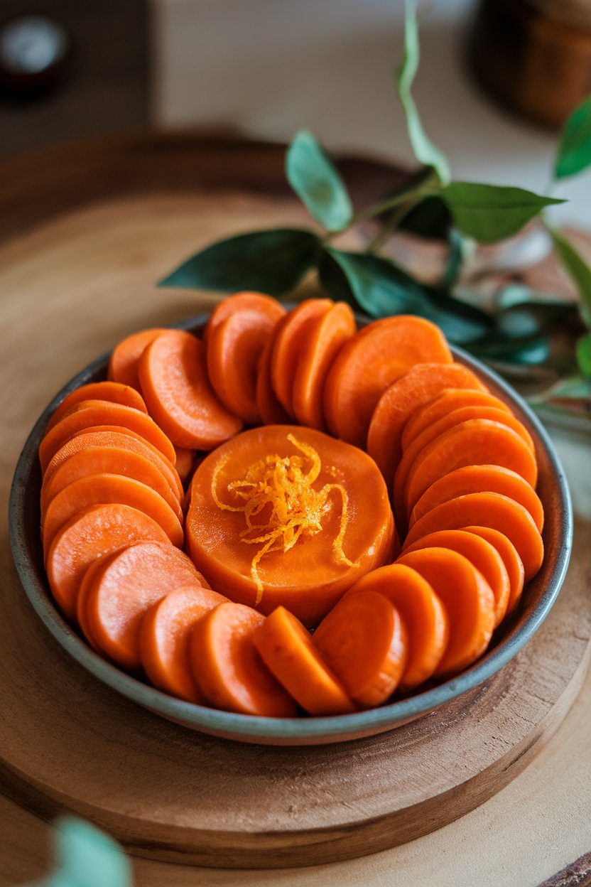 Indoor food photo of glazed carrot coins in a shallow dish, orange zest sprinkled on top; no text or logos.