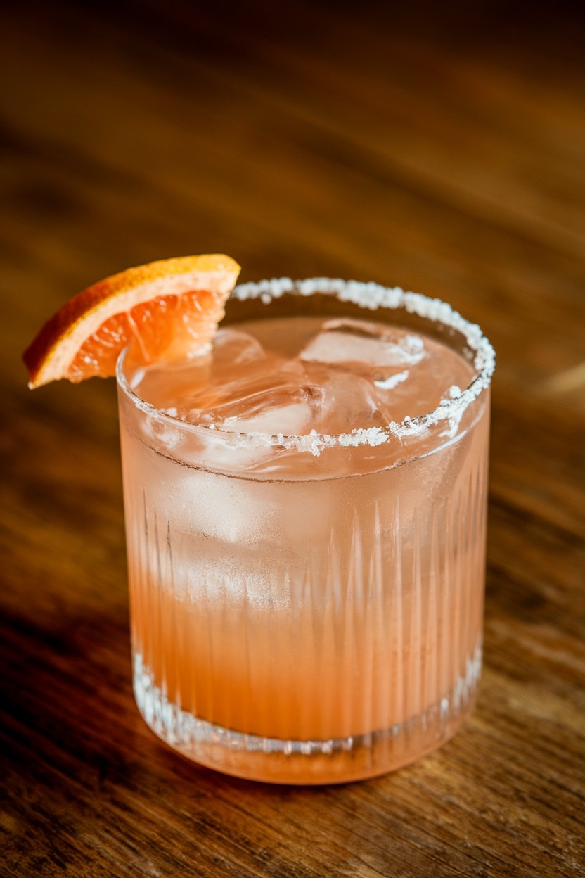Indoor tumbler with salted rim, clear grapefruit cocktail over ice, small grapefruit wedge garnish. No text or logos.