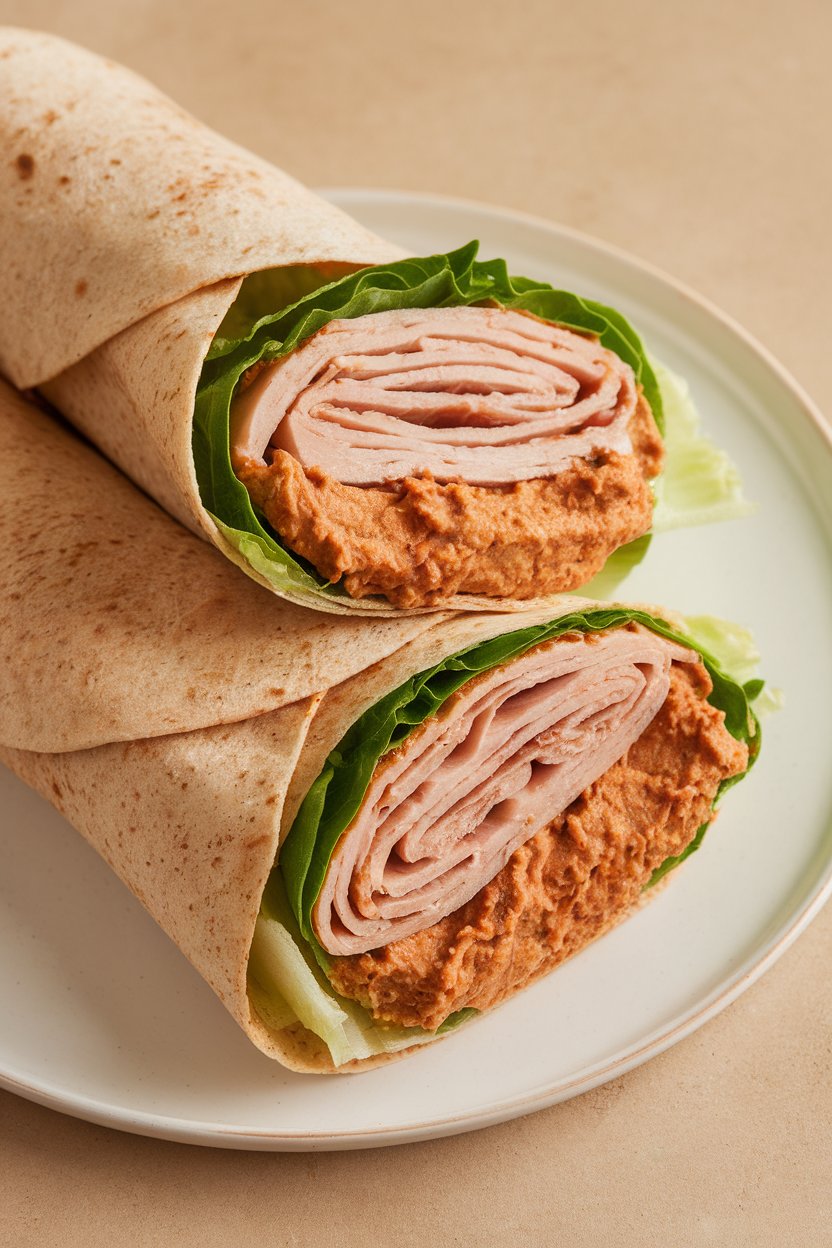 Indoor lunch counter featuring a whole-wheat wrap cut diagonally to reveal sliced turkey, hummus spread, and romaine leaves. No text or logos, photo not illustration.