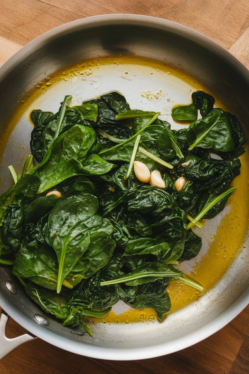 A shallow indoor skillet of wilted spinach glistening with garlic oil. No text or logos. Photo, not illustration.